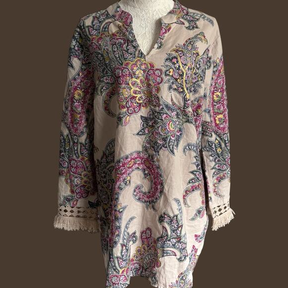 Fall Transitional Linen Paisley Boho Tunic XL Fringe Coastal Cowgirl Cottage - Picture 1 of 12